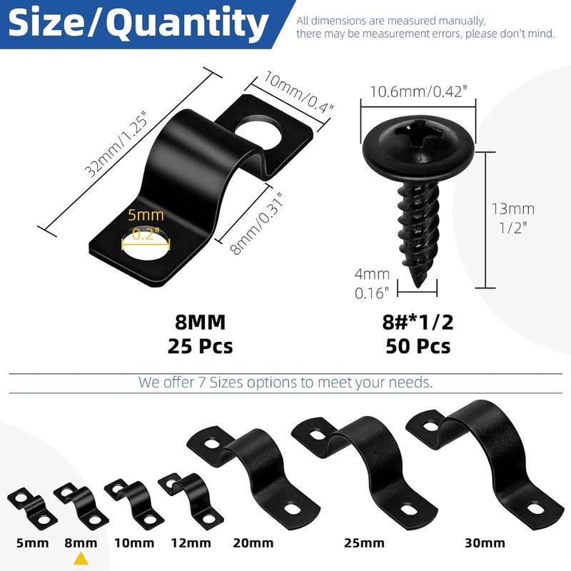 Glarks 75pcs 8mm Pipe Strap Clamp, Black Carbon Steel 2 Hole Strap Heavy Duty Rigid Pipe Strap U Bracket Tube Strap Cable Clamp Hanger Tension Tube Clip with screw for Pipe Tube Cable Fixing - Image 2